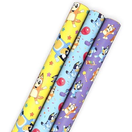 Hallmark Bluey Wrapping Paper Rolls for Kids (3 Rolls: 60 Sq. Ft. Total) Purple Blue and Yellow Gift Wrap for Birthdays Christmas Valentines Day