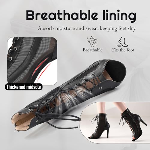 Women's Dance Boots Peep Toe Lace-up Ankle Dance Booties Latin Ballroom Salsa Dancing Heels DS1183