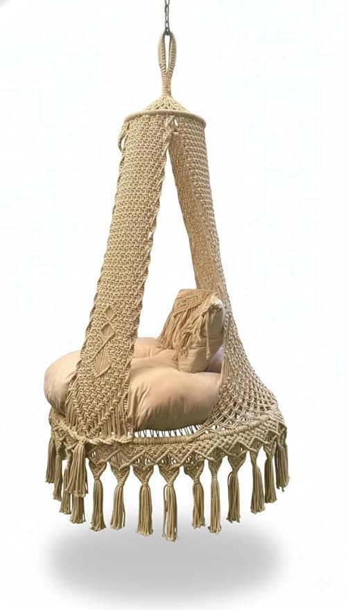 Image of Handcrafted Macrame Hanging Swing Chair with Canopy & Cushions - Premium Cotton Rope Hammock for Balcony, Patio, Living Room & Indoor /Outdoor Decor (Beige)