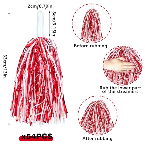 54PCS Cheerleading Pom Poms Metallic Foil Plastic Pom Poms with Baton Handle for Game Sports (Red White)