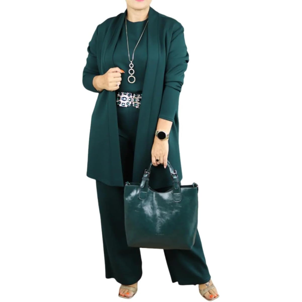 Elegant Longline Cardigan Top Pants 3-Pieces Set 3 Piece Travel Outfits for Women including a long cardigan top