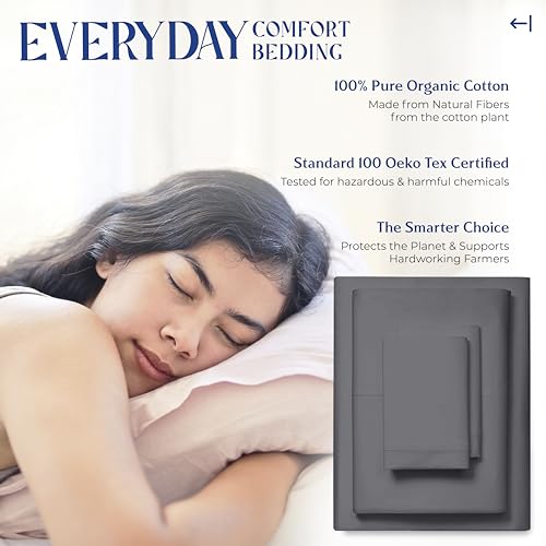 Image of Mayfair Linen 100% Organic Cotton Sheets Full Size - 4 PC Organic Cotton Percale Sheets Full Set (Dark Grey), Soft, Cooling & Breathable Bedsheets, 16 inch Deep Pocket Hotel Bedding - GOTS Certified