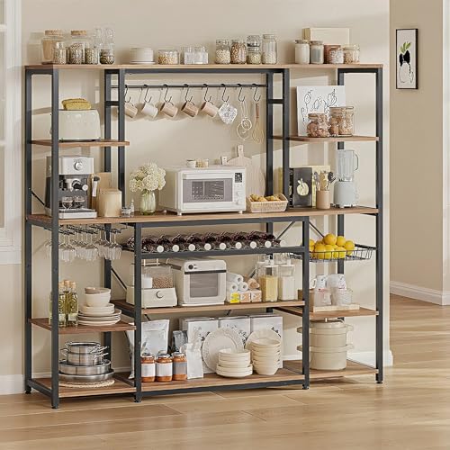 Muebles para Cocina, Estante para Vinos con Toma de Corriente y 8 Ganchos, Cantina Bar Mueble para Casa, Estante Cocina para Vinos y Copas, 160 * 40 * 168.5cm
