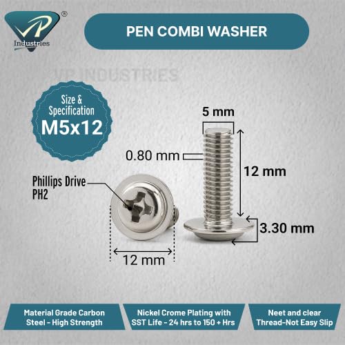 Image of By inchVP INDUSTRIES inch (Pcs-25) M5x12 mm Pan Head Combination Washer Screws, Durable Steel Fasteners with Built-In Washer, Phillips Drive Screws for Sheet Metal, Machinery & DIY Projects