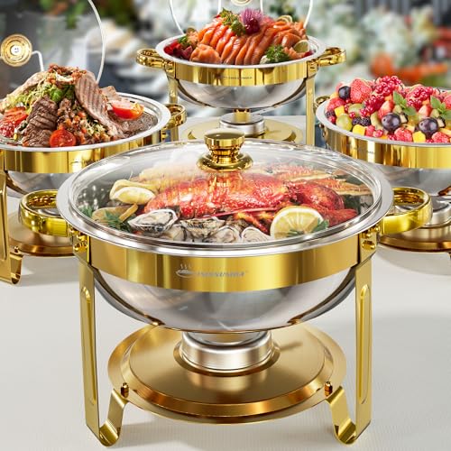 IMXSUMDA Chafing Dish Buffet Set 4 Pack, 5QT Gold Round Chafing Dishes for Buffet, High Grade Chafers and Buffet Warmers Sets with Glass Lid, Rolled-Edge Food Warmers for Parties, Weddings, Catering