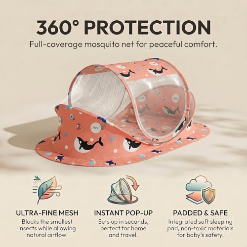 Image of StarAndDaisy Baby Mosquito net with Mattress for Baby, Portable Baby Lounger for Kids, Breathable mesh Mosquito Net. (Shark Print)