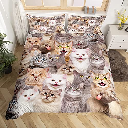 Loussiesd Cat Bedding Set Kids Girls Cute Cats Comforter Cover Set for Boys Women Lovely 3D Kitten Duvet Cover Breathable Animal Cat Collection Bedding & Linen Single