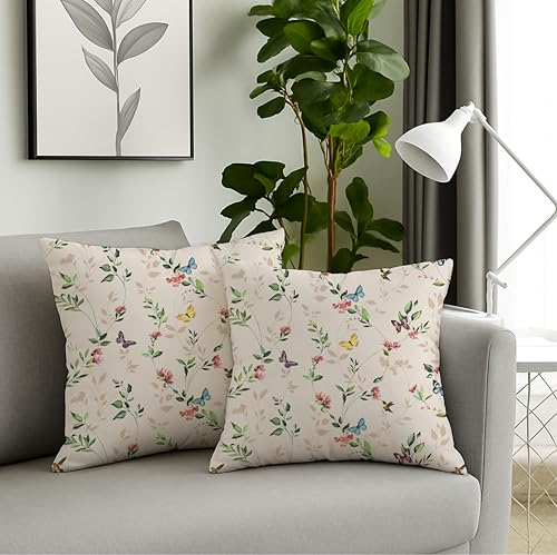 Image of Jaipur Weaves Cushion Cover 16 Inch X 16 Inch - Set of 2, Butterfly Garden 260 GSM Decorative Soft Cushion Covers for Sofa /Bed /Chair, Gift for Home Decor (Cream Garden, 2)