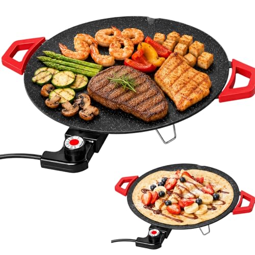 Non-Stick Electric Indoor Grill Pan, Smokeless Grill, 5-Speed Temp Griddle, Korean BBQ Indoor | Baking Pan, Fast Heat, Easy Clean, Detachable, Large Surface, Comal for Tortillas, Portable Use