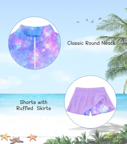 Image of Vogseek 3-12T Girls Rash Guard 2 Pieces Bathing Suit Long Sleeve Swimsuit Swimming Skirt with Shorts Swimwear