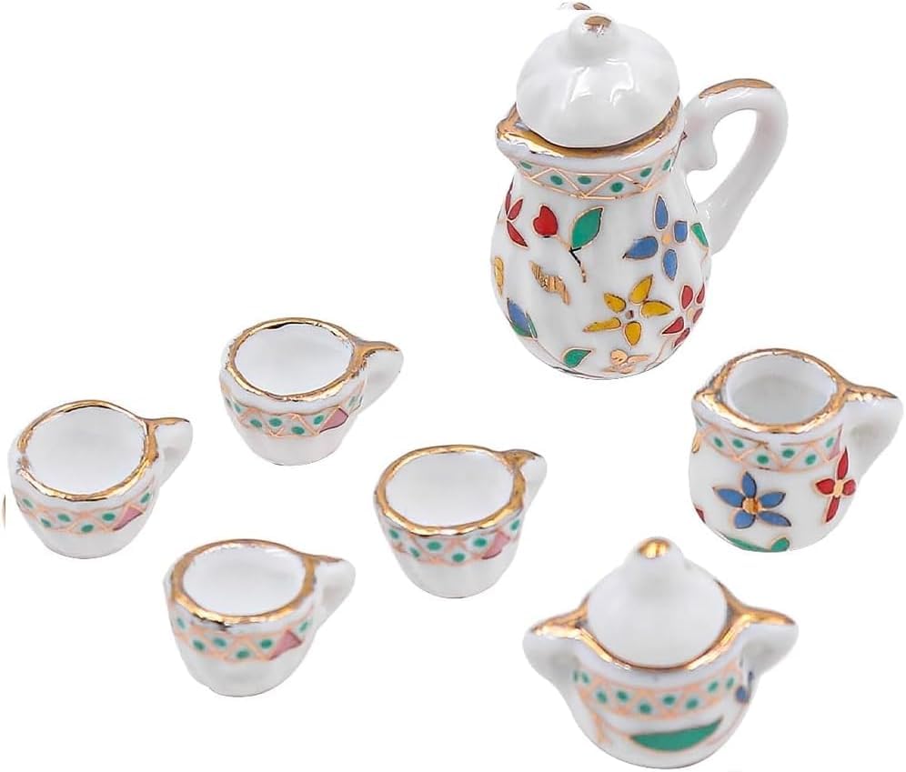 Alnicov Service à thé miniature - 15 pièces - Tasses en porcelaine - Accessoires pour maison de poupée Barbie 1/12 - Maison de poupée Lundby - Maison de poupée...