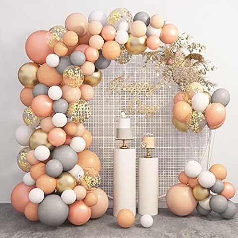 129 Pcs Pastel Peach Orange Balloon Garland Arch Kit, Rose Gold Blush Gray White Nude Apricot Confetti Metallic Latex Balloons for Woman Girl's Birthday Party Decorations Wedding Bridal Baby Shower Cover
