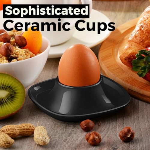 Flexzion Eierbecher für weich gekochte Eier - 6er Set Keramik Eierhalter - Stapelbare Eierkoddler Becher mit Boden zum Servieren, Frühstück, Brunch - Küchentisch Dekor, Schwarz – Bild 3