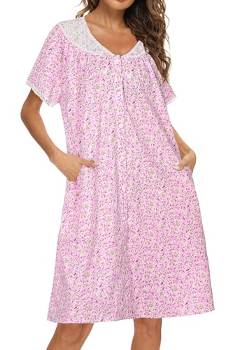 AVIIER 100% Cotton House Dress for Women Short Sleeve Housecoat Duster Robe with Pockets Pink Flower L