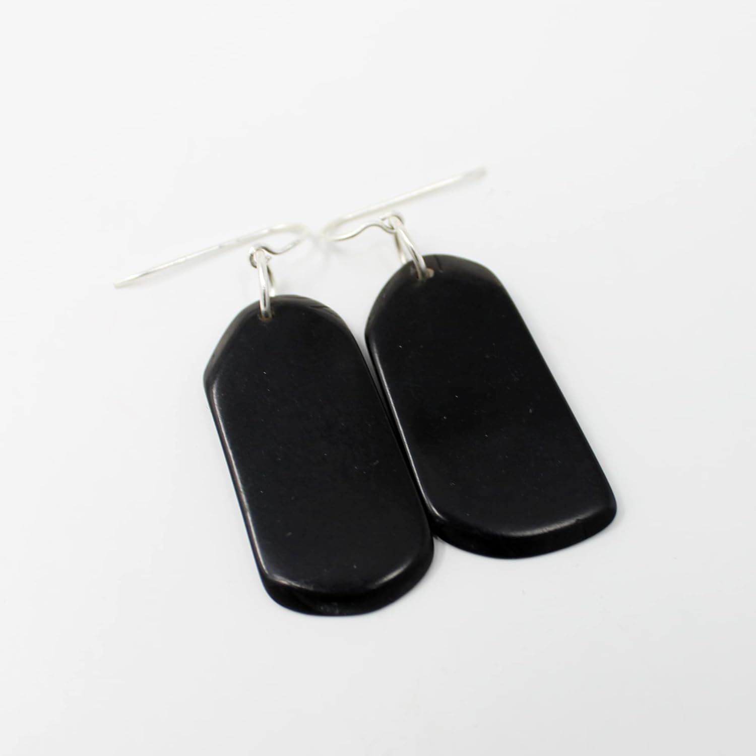 Tagua Earrings Rectangles in Black, Silver Findings, Handmade Fairtrade Lightweight by Florama Natural Jewelry