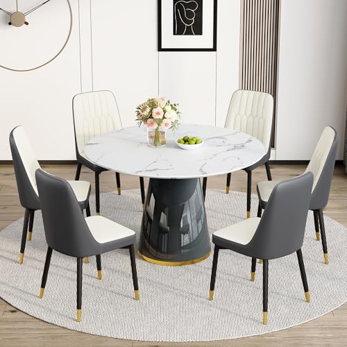 Vohuai Round Dining Table Set for 6,45'' Faux Marble Dining Room Table Set for 6 with Upholstered Chairs,7 Pieces Modern Dinner Table Set for Dining Room,Living Room,Restaurant(Easy Assembly)