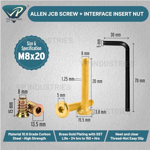 Image of Rely⇒VP INDUSTRIES (Combo Set -10 Pcs) M8x20 mm Allen JCB Screw with M8x15 mm Interface Thread Wood Insert D-Nut With Allen Key 1 Pc | Fastener for Joining Wood Boards,Cupboards, Chairs & Beds