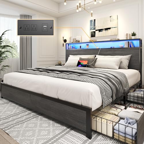 Lifezone King Bed Frame with 2-Tier Storage Headboard, Metal Platform Bed Frame with 4 Storage Drawers, Built in Charging Station & LED, Noise-Free/Metal Support/No Box Spring Needed, Rustic Grey