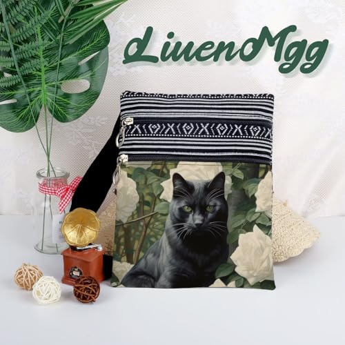 Camellia Black Cat Messenger Bag Small Ethnic Pattern Printed Adjustable Strap Crossbody Zipper Bag Camellia Black Cat Phone Bag Wallet Cute Shoulder Handbag for Women 5