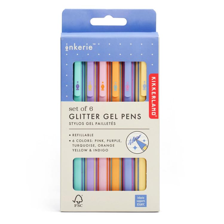 Kikkerland Juego de 6 bolígrafos de gel con purpurina