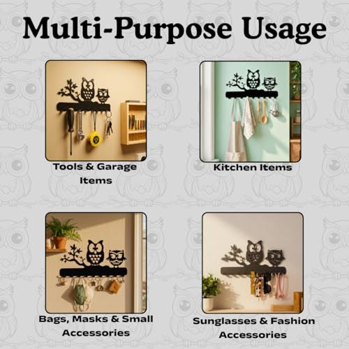 Image of Owl Metal Key Holder - 25cm x 13cm, 9 Hooks, Decorative Key Rack & Organizer, Sturdy Wall Mounted Hanger for Keys, Accessories, Home Decor for Entryway, Hallway, Kitchen, Gift