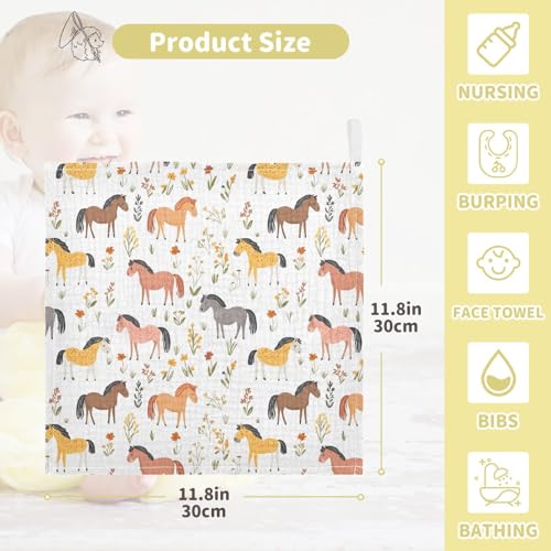 Image of vvfelixl Baby Muslin Washcloths Cartoon Horses Graze Baby Burp Cloths Cotton Babys Face Towel for Newborn Infants Boys Girls Soft and Absorbent 11.8 X 11.8 in, 3 Pack