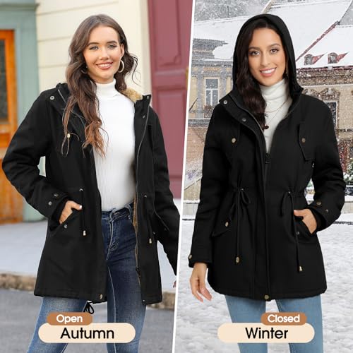 Vancavoo Winterjacke Damen Winter Warm Winterparka Gefüttert Mantel Parka Herbst Kapuzenmantel Frauen Wintermantel,Schwarz,L