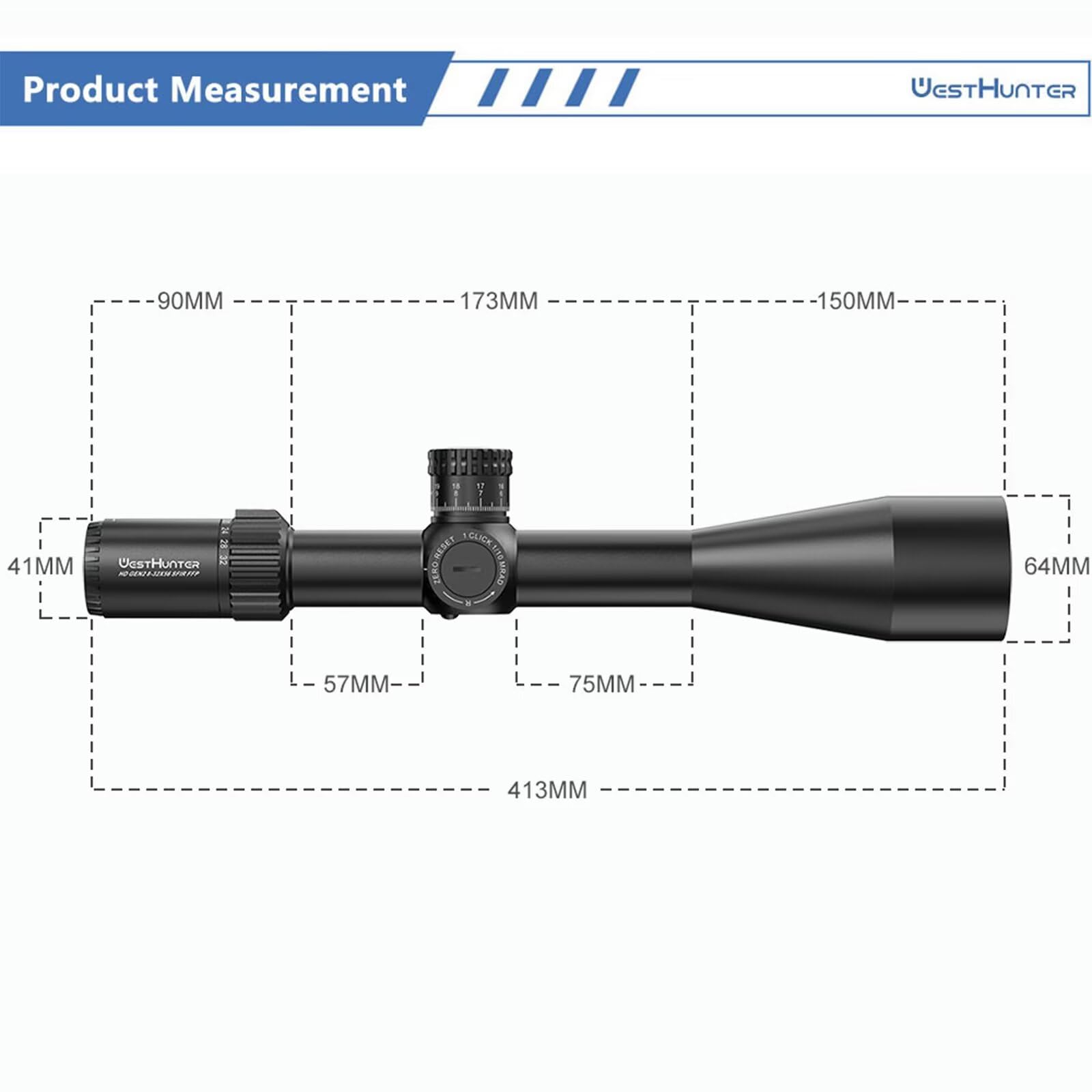 WestHunter HD GEN2 8-32x56 FFP Mira Telescópica de Precisión, Tubo 34mm, Cristal Grabado, 1/10 MIL, Zero Stop - Indicada Únicamente para Actividades Deportivas