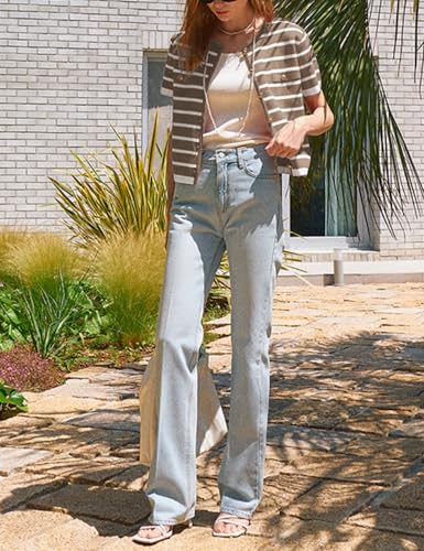 Omoone Womens Striped Cardigan Sweater Short Sleeve Lightweight Summer Button Down Cropped Knit Tops4