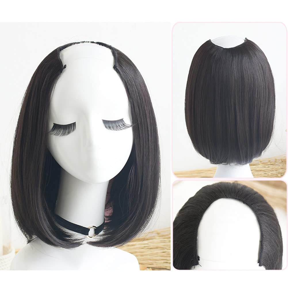 LesafeV Bobo Style Half Wig Clip in Straight U-Shape Part 3/4 Hairpiece One Piece Extension with 5 Clips Black