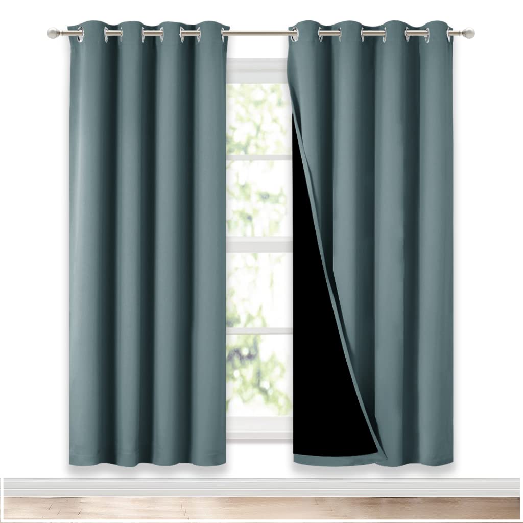 NICETOWN 100% Blackout Window Curtain Panels, Full Light Blocking Drapes with Black Liner for Nursery, 72-inch Drop Thermal Insulated Draperies (Aqua, 2 Pieces, 52-inch Wide Per Panel)