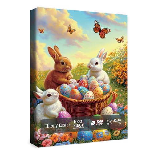 Puzzle Bunny Easter Eggs para Adultos 1000 Piezas, Rompecabezas Jigsaw Conejo de Pascua, Flowers Coloridos y Mariposas miniatura 1