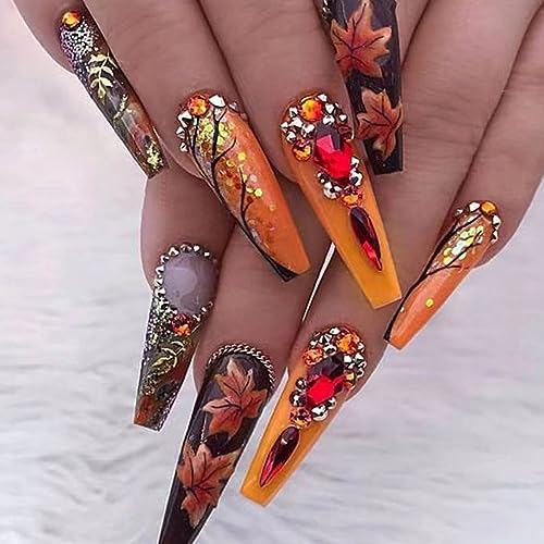 24 PCS Luxury Handmade Press on Nails Long Coffin Fake Nails with Rhinestones Designs Glitter Fall Leaves Press on Y2k Nails Autumn with Maple Leaf Stick on Nails Thanksgiving for Women DIY