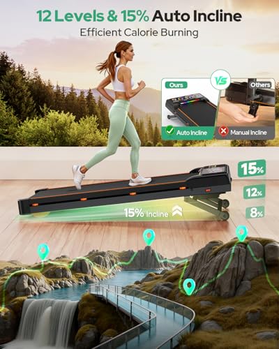Image of Walking Pad with 15% 12-Level Auto Incline, 450 lbs Capacity UI Screen, Rayspace 3.5HP Quiet Under Desk Treadmill with Bluetooth Speaker & Remote Control, Compact Treadmills for Home Hiking