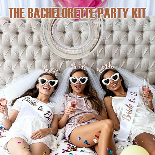 Bride to Be Bachelorette Party Set, 5-Piece Bridal Shower Accessories Kit with Pearl Heart Sunglasses, Veil, Sash, Bride Headband & Ring Balloon for Wedding Party Decorations by Frstem - Image 5