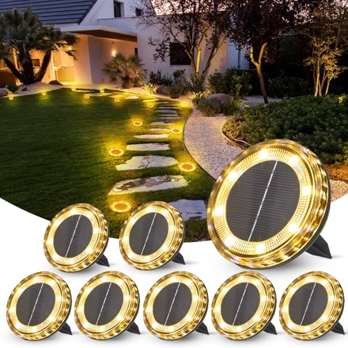 QIHANS Paquete de 8 luces solares de suelo al aire libre, 8 luces LED de disco solar, luz plana duradera impermeable...