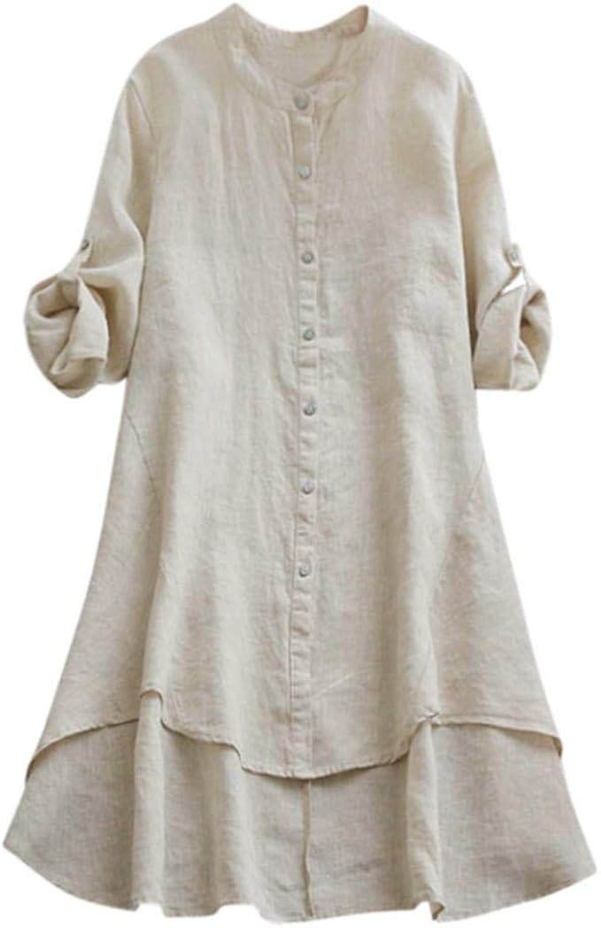 Amazon Co Jp カットソー Joielmal Tシャツ レディース 丸い襟 綿麻 長袖 可調整 リネン シャツ ボタン付き ゆったり ワンピース カジュアル トップス 森ガール ドレス インナー 無地 ブラウス 体型カバー プルオーバー 爽やか 上着 青春 活発 部屋着 通学 服