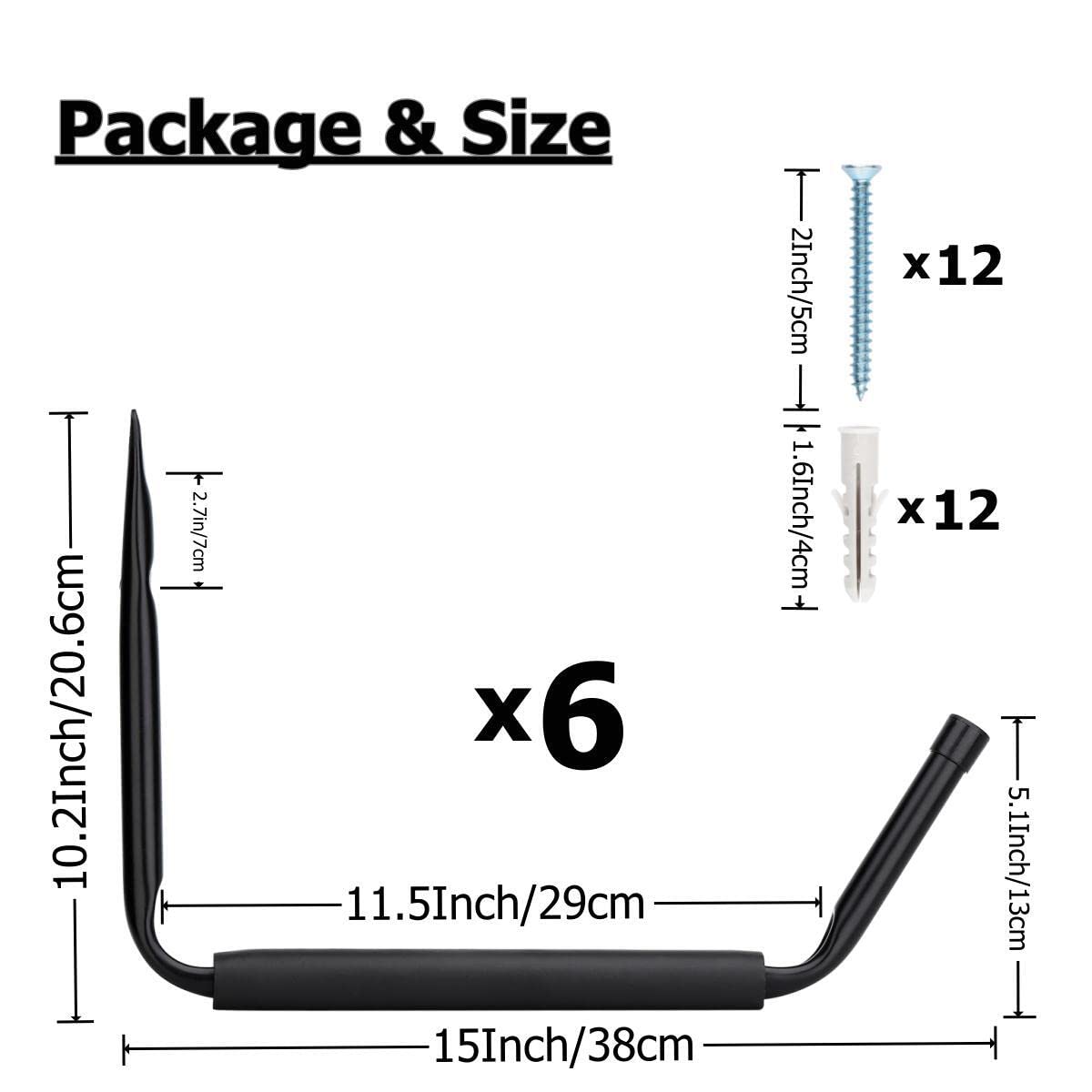 Robuste Kajak-Aufbewahrungshaken, 38,1 cm, Jumbo-Arm, Wandmontage, Kanu-Aufbewahrungshaken, 6 Stück, Utility Organizer für Paddelboard, Surfbrett, Snowboard, Wake-Board