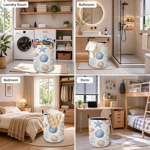 Image of Seashell Starfish Laundry Basket, Ocean Coastal Collapsible Laundry Hamper Waterproof Oxford Cloth With Handles, Clothes Storage Bucket For Bathroom /Bedroom 16 inch x 20.8 inch