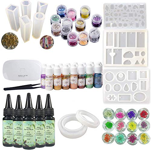 VidaRosa UV Resina Kit con Lámpara Tintes Moldes, 15 Pigmento Colores Perlados 10 Moldes de Joyería Colgantes Pendientes Pulseras + Ojales + Lámpara Portable Pinzas + Flores Secas & Purpurinas