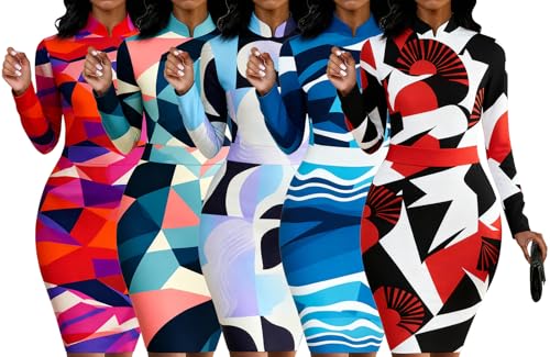 Image of MsavigVice Bodycon Dress Women Mandarin Collar Long Sleeve Knee Length | Vibrant abstract prints with bold varied hues, soft stretch fabric contours curves for sleek versatile everyday styling