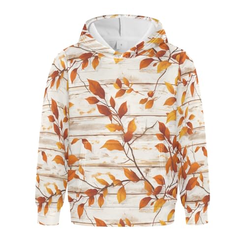 KLL Autumn Leaf on Old White Wooden Toddlers and Girls' Sweatshirts Sweater Casual Hooded Pullover Hoodies with Kangaroo