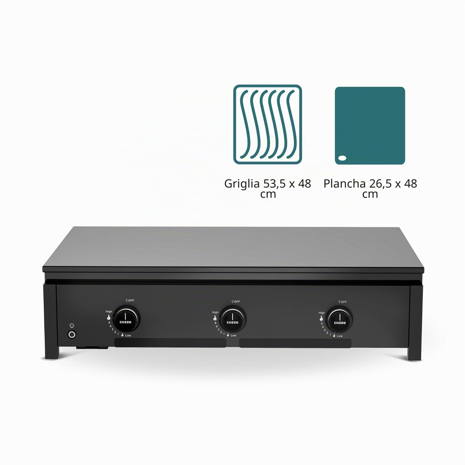 Cozze® Combo 900 – Piastra a Gas 2-in-1 e Grill per Carne | Piastra Barbecue Gas 7,5kW con Bruciatore a Infrarossi, Grande Piastra in Ghisa Smaltata 53cm, Accensione Rapida e Manopole LED
