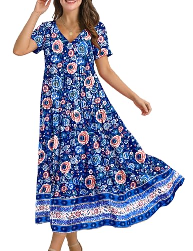 Image of YESNO Women's Summer Maxi Dresses Casual Floral Short Sleeve V Neck Boho Beach Vacation Swing Dress with Pockets EVF