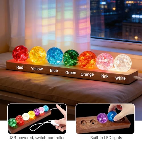 7 Stück 3D Kristallkugel Nachtlicht, Glaskristallkugeln mit LED Holzsockel, Planeten Lampe mit Holzsockel, Glaskugel Lampe, LED Ball Lampe für Zuhause, Zimmer und Büro, Geschenk für Freunde, Lehrer