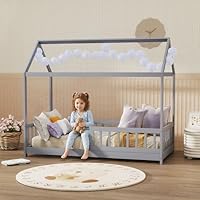 HOMCOM House-Shaped Kids Bed Frame, Solid Pine Wood Single Bed Frame with Guard Rails for Kids Boys and Girls