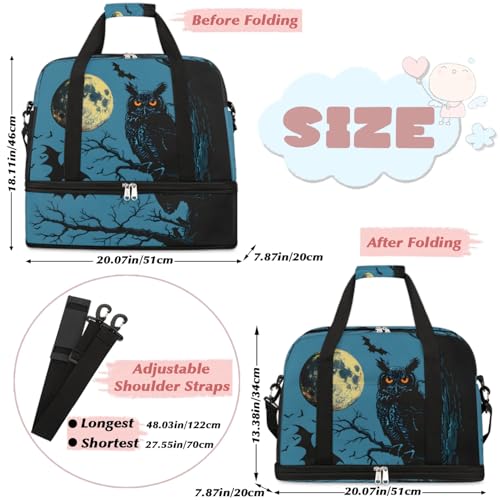 Travel Duffel Bags Moon Owl Foldable Weekender Bags for Women with Shoes Compartment Waterproof & Tear Resistant Carry on Overnight Luggage Duffel Bag Shoulder Sports Tote Bag,A-1622