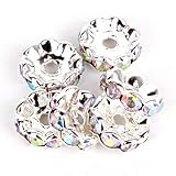 RUBYCA 100pcs 10mm Wavy Rondelle Spacer Beads Silver Tone AB White Czech Crystal for Bracelet Necklace Jewelry Making
