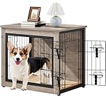 Yaheetech Dog Crate Furniture Dog Cage End Table Wooden Puppy House with Double Doors & Anti-skid Plush Mat for Puppies/Small-sized Animals, Indoor Pet Kennel Side Table, Gray