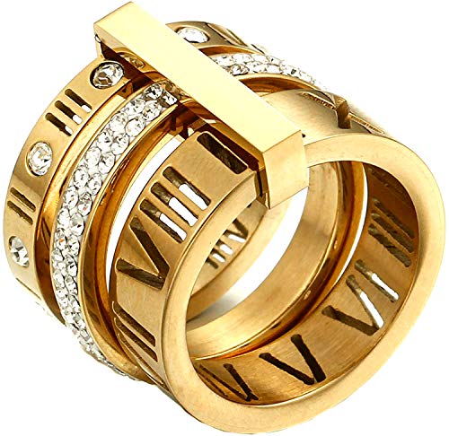 Jaline Stainless Steel Cz Zirconia Roman Numeral Ring For Women Girls 3 In 1 Spinner Rings (Gold, 6 Runs Small) #TOP1